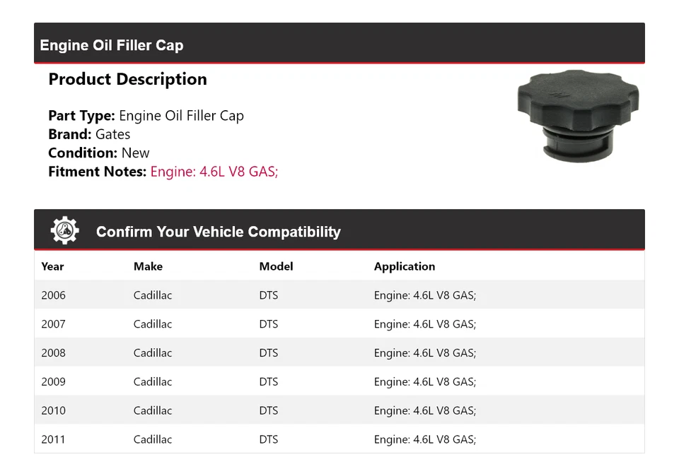 Para Cadillac DTS 2006-2011 4,6 L V8 motor de gasolina tapas de llenado de aceite puertas 2007 2008 Foto 2 de 4