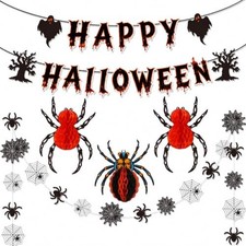Halloween Decoration Set - 3D Honeycomb Spider Garlands  Happy Halloween