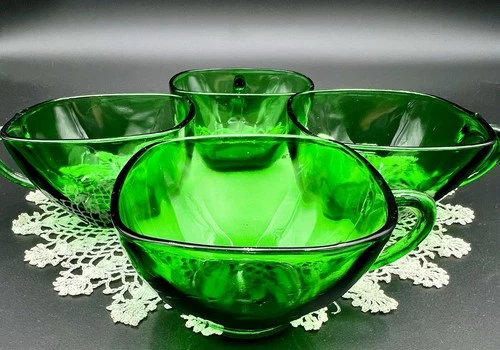 Vtg Anchor Hocking Forest Green Charm Square Depression Glass Tea/Coffee Cups, 4