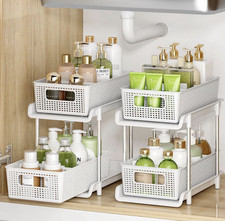 White Stackable Pull-Out Storage Baskets Set of 4, Removable Dividers, 11.7x7x1  
