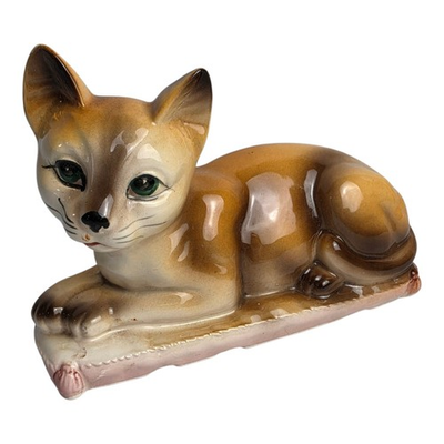 #ad Vintage Large Ceramic Orange Cat On Pink Bed Figurine 10quot; Decor Statue Kitty $19.95