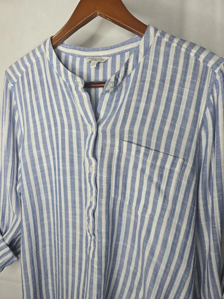 Lucky Brand Popover Top Blue White Stripe Long Roll Tab Sleeve Beachy Coastal L - Image 4 of 4