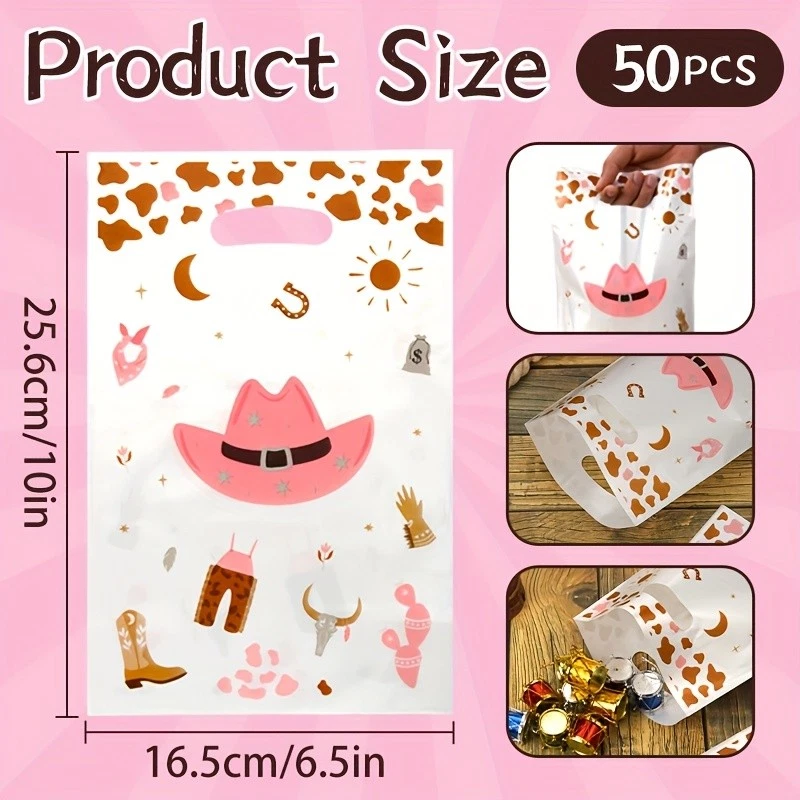 50 bolsas rosas para fiestas de vaquero, dulces de plástico, regalos, golosinas Foto 2 de 4
