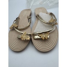 Gold Butterfly Embellished Flat Sandals Rhinestone Metallic Straps Beige 1001