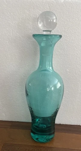 BLENKO Verified 8419 Vtg Antique Green Glass Decanter Crystal Ball Stopper 1984