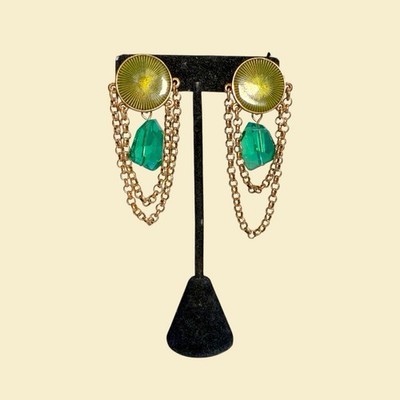 Oscar de La Renta Vintage Clip-On Earrings Green Dangle Bronze