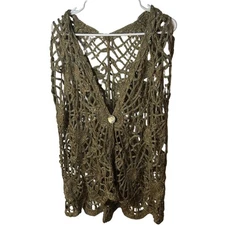 Boho Gold Metallic Crochet Vest Fairycore Sleeveless Lace Open Knit Festival Top