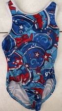 GK Elite Girls Gymnastics Leotard Red White Blue Stars 4th of July Adult XS