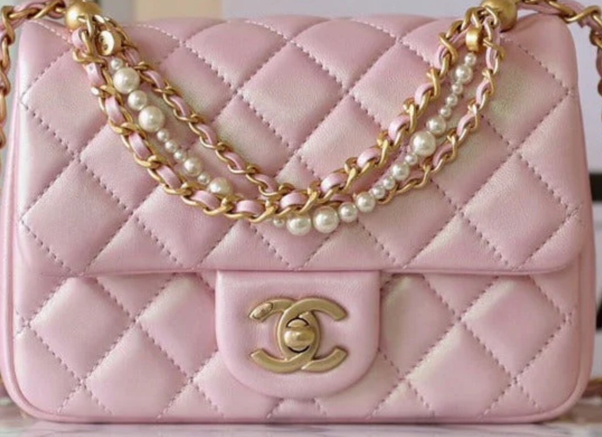 New 24P CHANEL Pink Leather Mini Small Classic Flap Bag Gold Pearl
