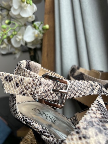 Michael Kors Zapatos Sandalias Tacón Alto Talla 41 UK 8 Cuero Estampado Serpiente £145 - Imagen 3 de 13
