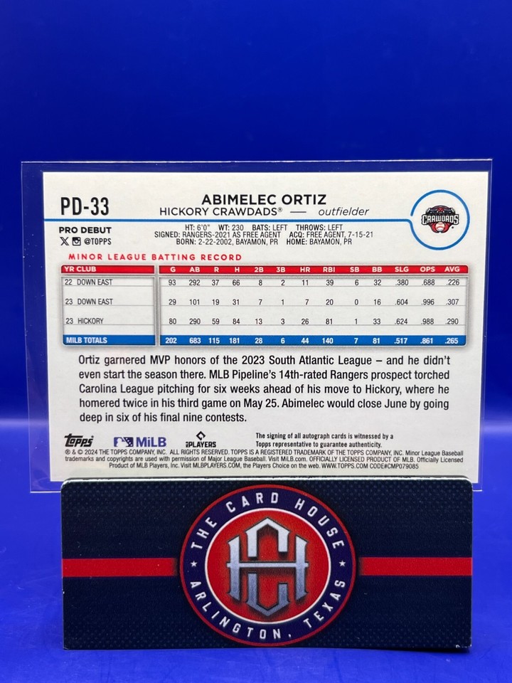 2024 Topps Pro Debut Abimelec Ortiz RC Auto Hickory Crawdads TCH2 eBay