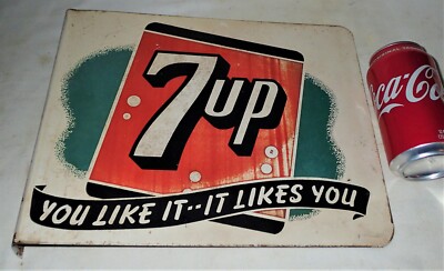 VINTAGE U.S.A. 7 UP SODA METAL FLANGE SIGN STOUT CO. ADVERTISING COCA COLA ERA