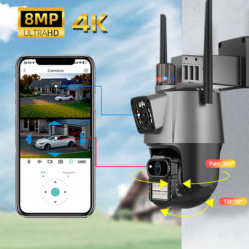 4K Wifi Security Camera Dual Lens  8MP 1-8X Zoom Outdoor PTZ IP Night Vision Cam