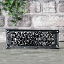 Deluxe Black "Flower Pattern" Flat Cast Iron Air Brick Cover 9" x 3.1" with Mesh