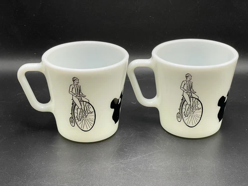 Pyrex Mugs Diagonal Handle Coffee Advertise Bikes Corning Glassblower #1410 VTG