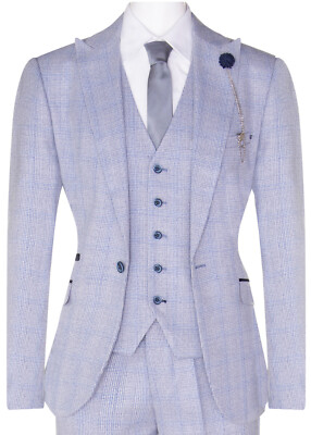 Hombre Pieza Tweed Traje Azul Claro Cuadros Peaky Blinders 1920