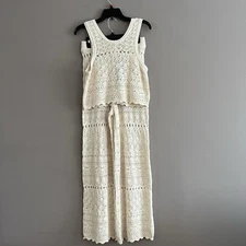 House Of Harlow 1960 2pc Set Crochet Knit Crop Top + Flare Pants Boho Beige M