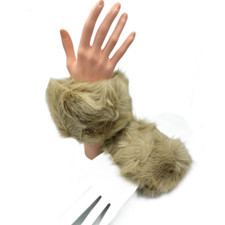 Beige Faux Fur Pair of Soft Fluffy Elastic Wrist Warmer Lined Cuffs