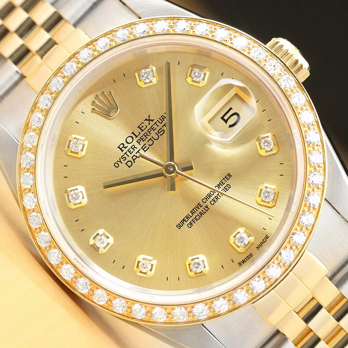 ROLEX MENS DATEJUST 16233 18K YELLOW GOLD STAINLESS STEEL DIAMOND WATCH