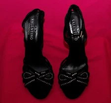 👠 Valentino Strappy Black Crystal Velvet Wedge Heels Size 8