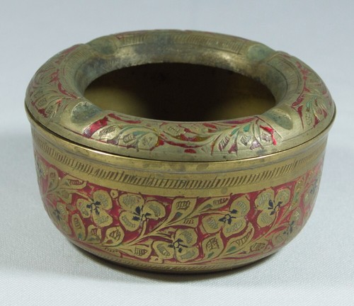 Vintage Brass Etched Floral Ashtray MADE IN INDIA - 3” Wide Removable Top Lid