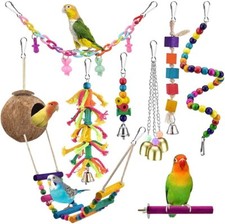 8Pcs Parrot Bird Parakeet Cockatiel Budgie Wooden Ladder Coconut Shells Toys