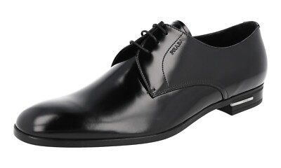 PRADA Leather Derby Dress Shoes - 2EB181 Black Logo Heel NEW -  US 10.5 EU 43,5
