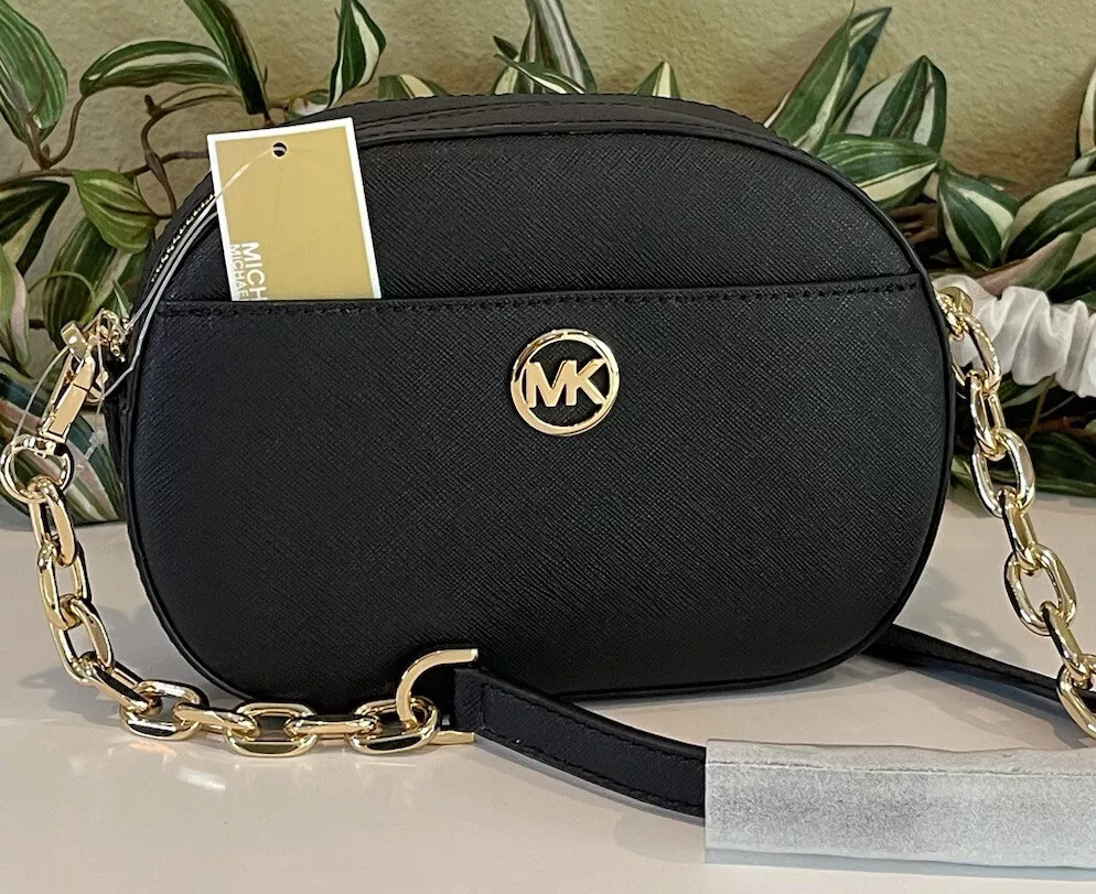 Michael Kors Jet Set Black Leather Small Shoulder Bag with Gold Chain Strap