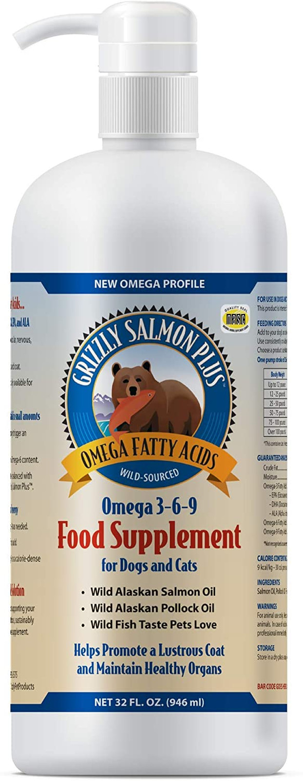 Grizzly Wild Alaskan Salmon Oil Dog Food Supplement - 32 oz, Omega 3 Fatty Acids