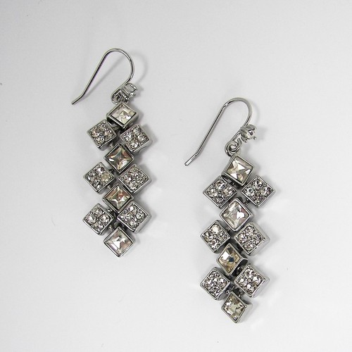 Ralph Lauren Square Crystal Necklace Earrings Set Silver Tone Sparkle Party - Picture 9 of 13