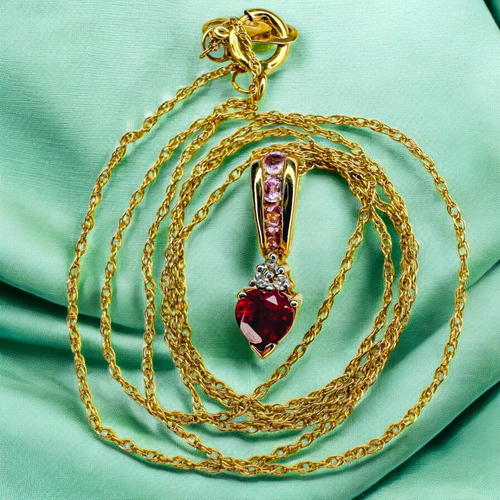 10K Gold- Natural Ruby Necklace -18"- Red Ruby Heart Pink Sapphire & Diamond- 1g - Picture 5 of 24