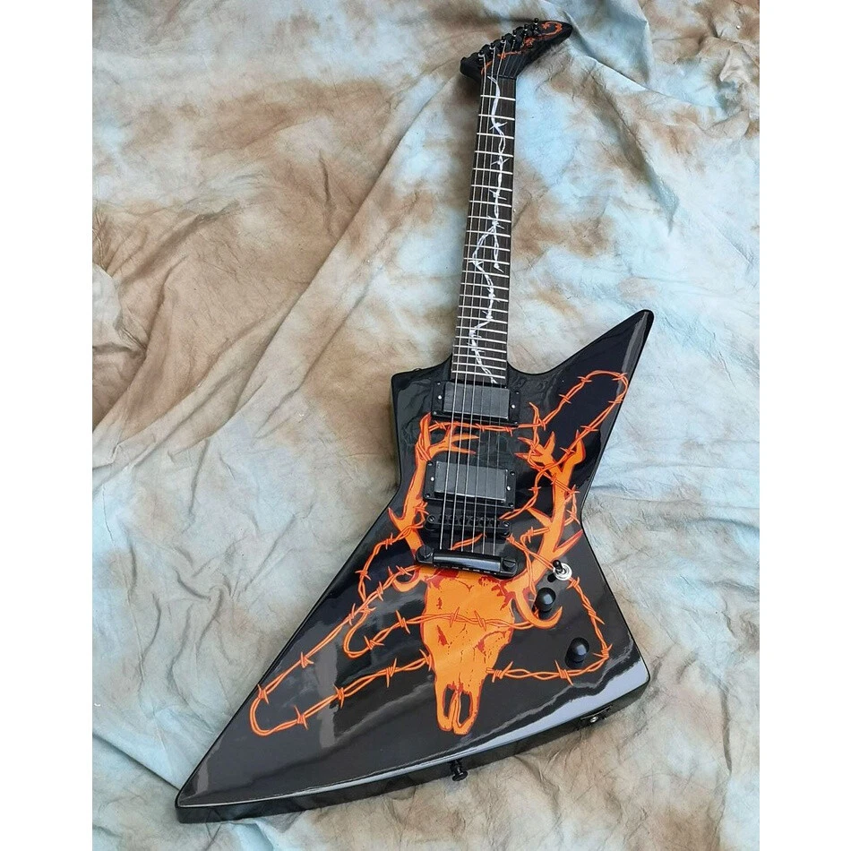 James Hetfield Electric Guitar Metallica Woodburned Elk Skull Black EMG Pickup