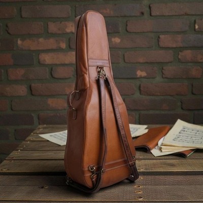 Vintage Brown Leather Guitar Gig Bag Backpack Case Multi-Pocket Travel Cover