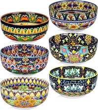 Ceramic Cereal Bowls Set of 6, 28 Oz Bohemian Soup Bowl, Colorful Bowls Set for