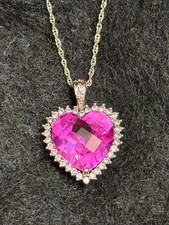Pink Crystal Heart Pendant Necklace with CZ's Sterling Silver NEW