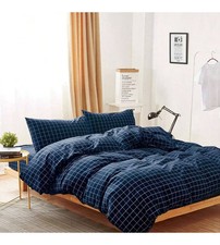 Navy Blue Plaid Cotton Duvet Cover Set Queen Size 3 Pieces. blue