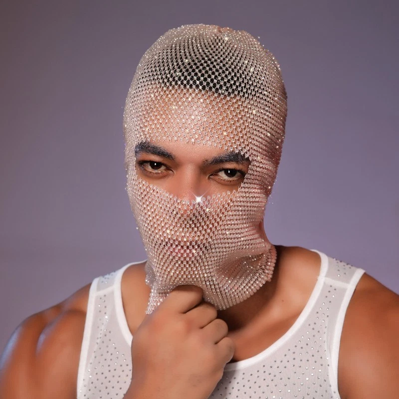 Máscara facial para hombre apertura de ojos estrás capucha brillante concierto fiesta juegos con disfraces utilería Foto 4 de 4