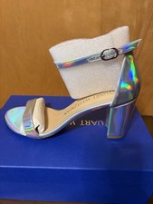 Women  s Stuart Weitzman Nearly Nude Silver Hologram Specchio Heel Size 8B
