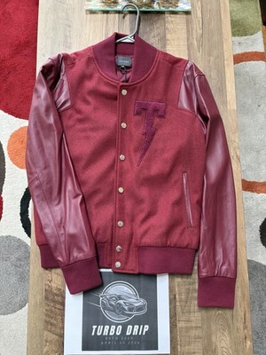 TACKMA Varsity M Jacket Mens Size Red/Bordeaux 100% LEATHER SLEEVES