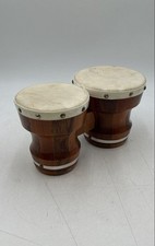Vintage Brown White Two-Tone Wooden Tack-Head Musical Instrument Bongo Drums