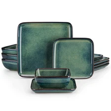 vancasso 12/24/36 Piece Ceramic Dinner Sets Square Green Reactive Glaze Tablewar
