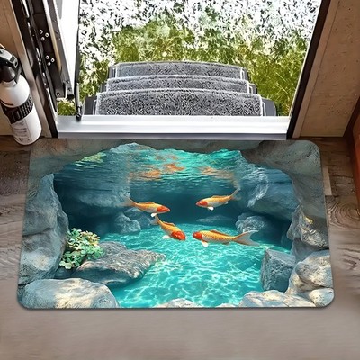 High-end Fleece 3D Illusion Koi Fish Design Door Mat, Non-slip, Machine Washab