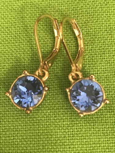 INTENSE CERULEAN BLUE CRYSTAL DROP DANGLE LEVER BACK GOLDTONE EARRINGS STATEMENT - Picture 10 of 10