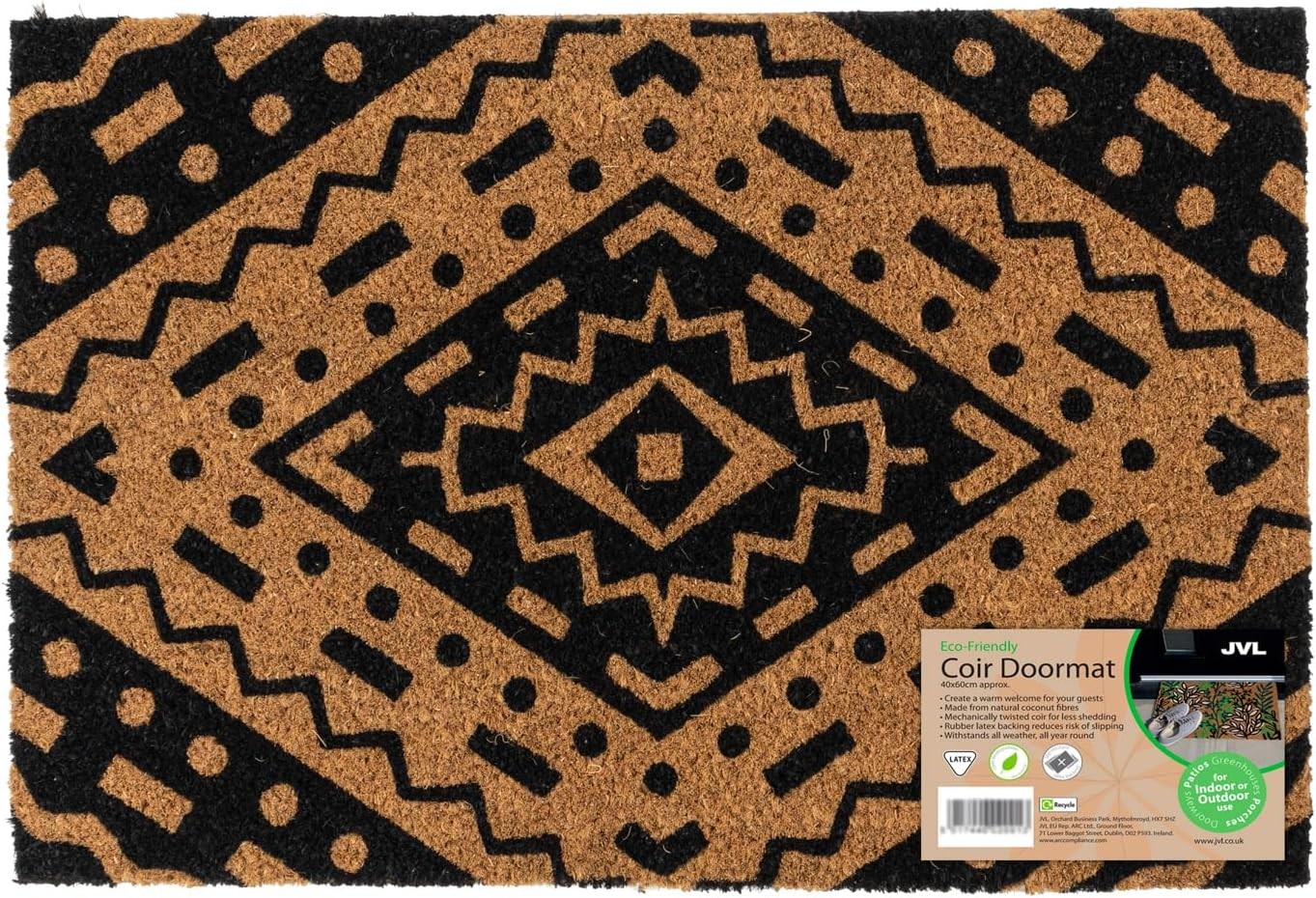 JVL Eco-Friendly Latex Backed Coir Entrance Doormat, 40x60cm - Aztec