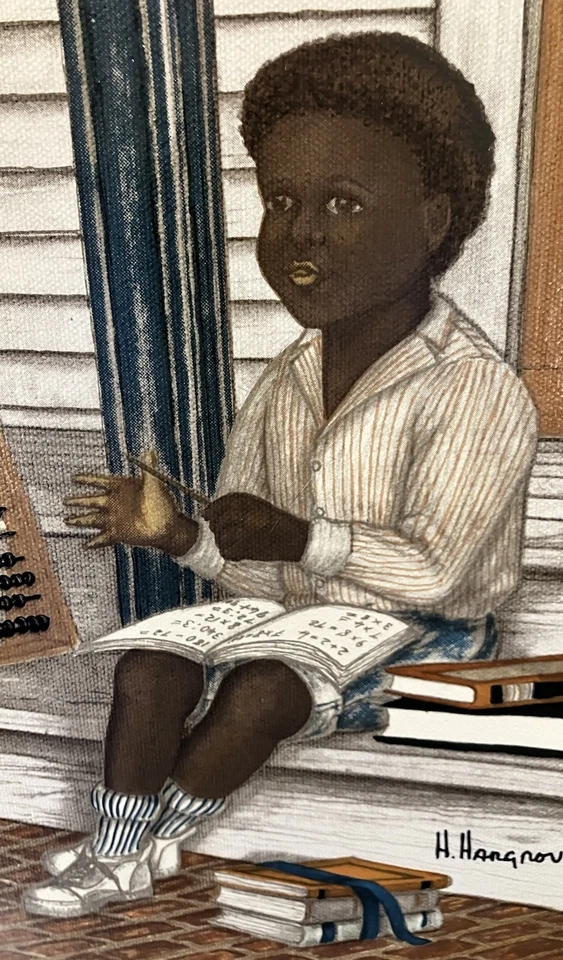 Lona H Hargrove 12x16 El perro se comió mi tarea niño afroamericano ábaco Foto 3 de 4