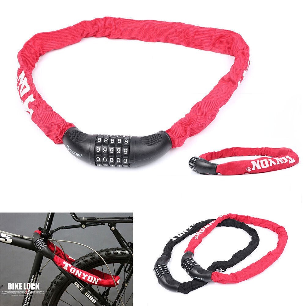 5 Digit Bicycle Password Lock Manganese Steel Chain 90cm Universal Black/Red