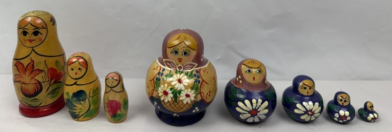 (2) Vintage Sets of Wooden Russian Nesting Dolls - Hand Painted