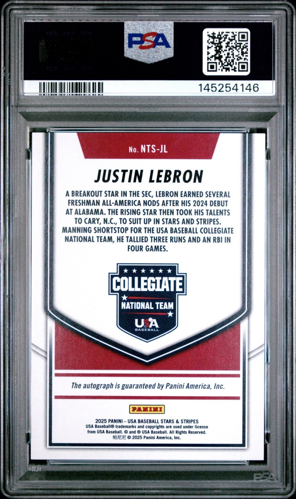 Justin LeBron 2025 Panini USA Stars & Stripes Gold Auto SN#d 1/10 Alabama PSA 10 view 2
