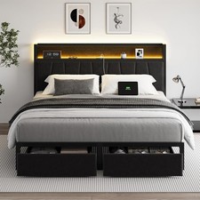 Queen Size Bed Frame with Headboard and Storage Drawers Platform Bed Frame
