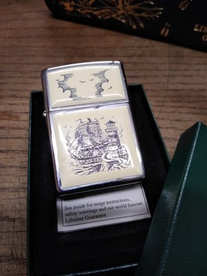 Vtg 1998 Zippo Lighter Scrimshaw Sailing Ship and Lighthouse 2
